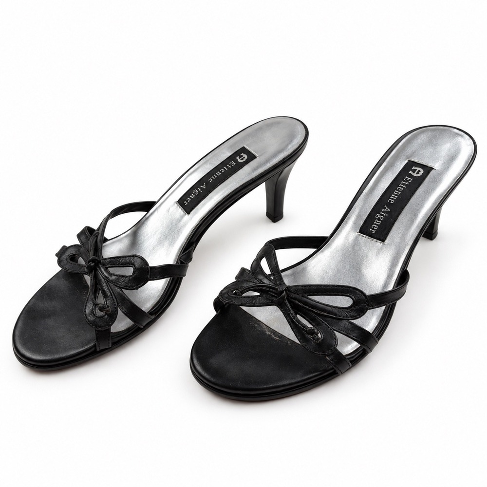 Etienne Aigner Vintage Y2K Black Leather Kitten Heel Mules Slides Women's Size 6